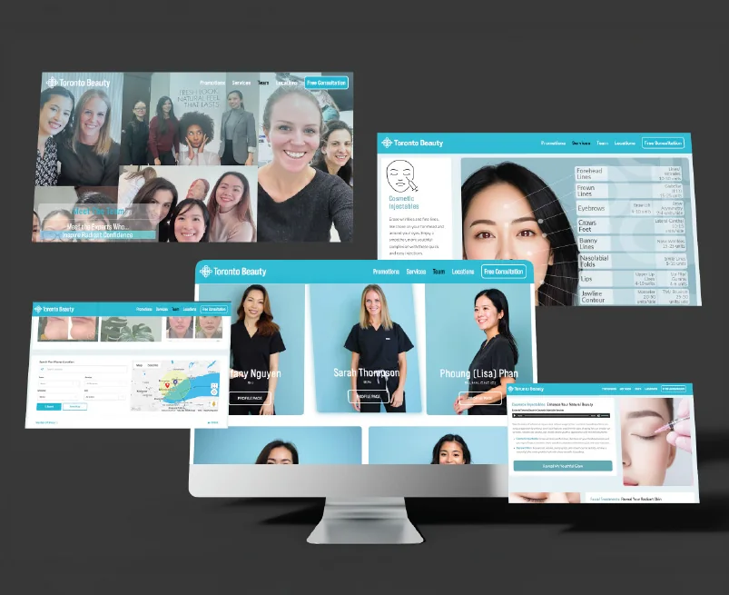 Toronto Beauty site pages with nurse profiles, a map search and treatment menus
